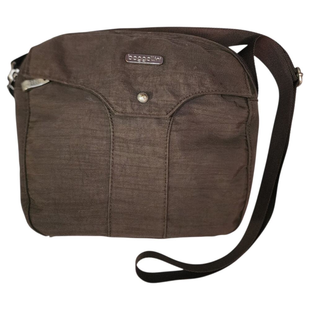 Baggallini Brown Nylon Double Zip Front Pocket Crossbody Shoulder Bag Purse